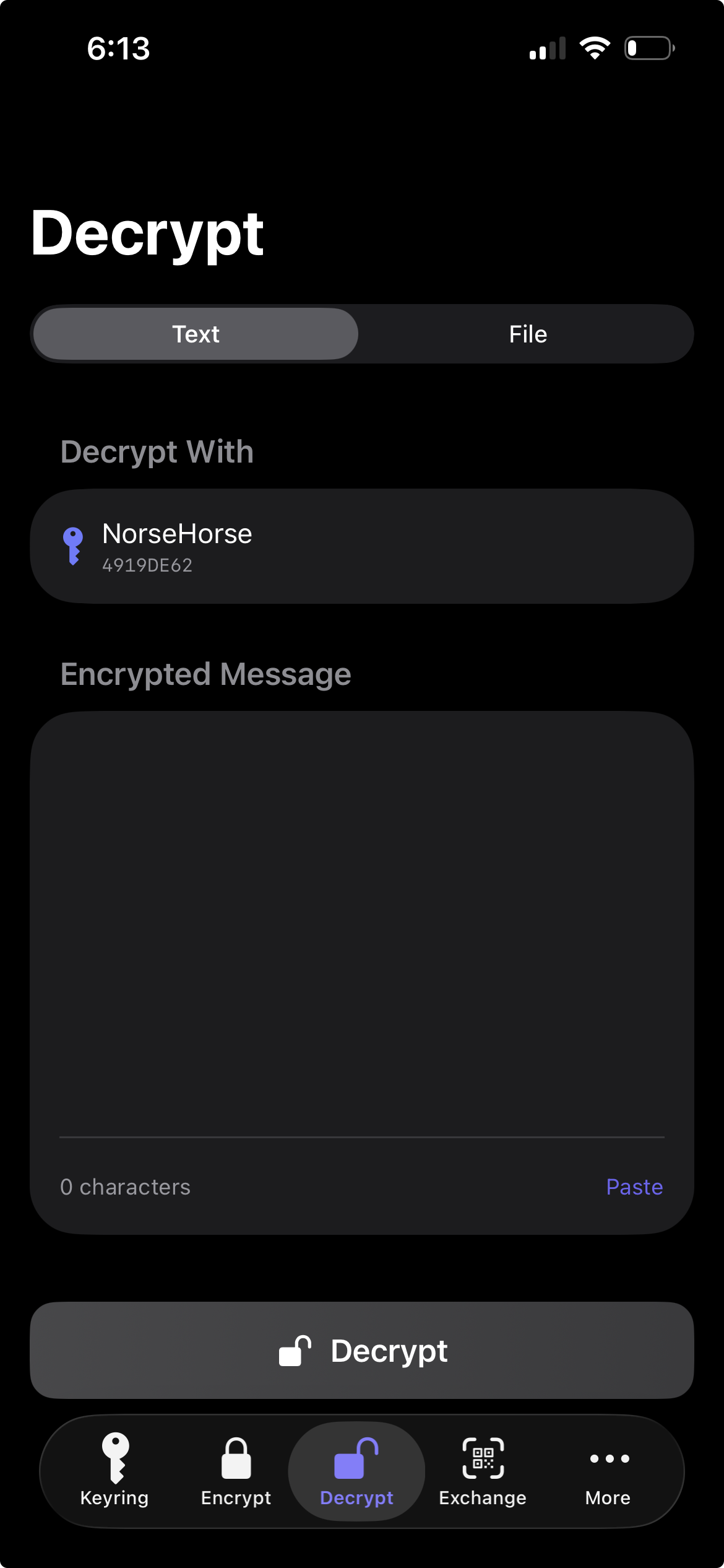 PGPony Decrypt tab — paste, scan, or share to PGPony