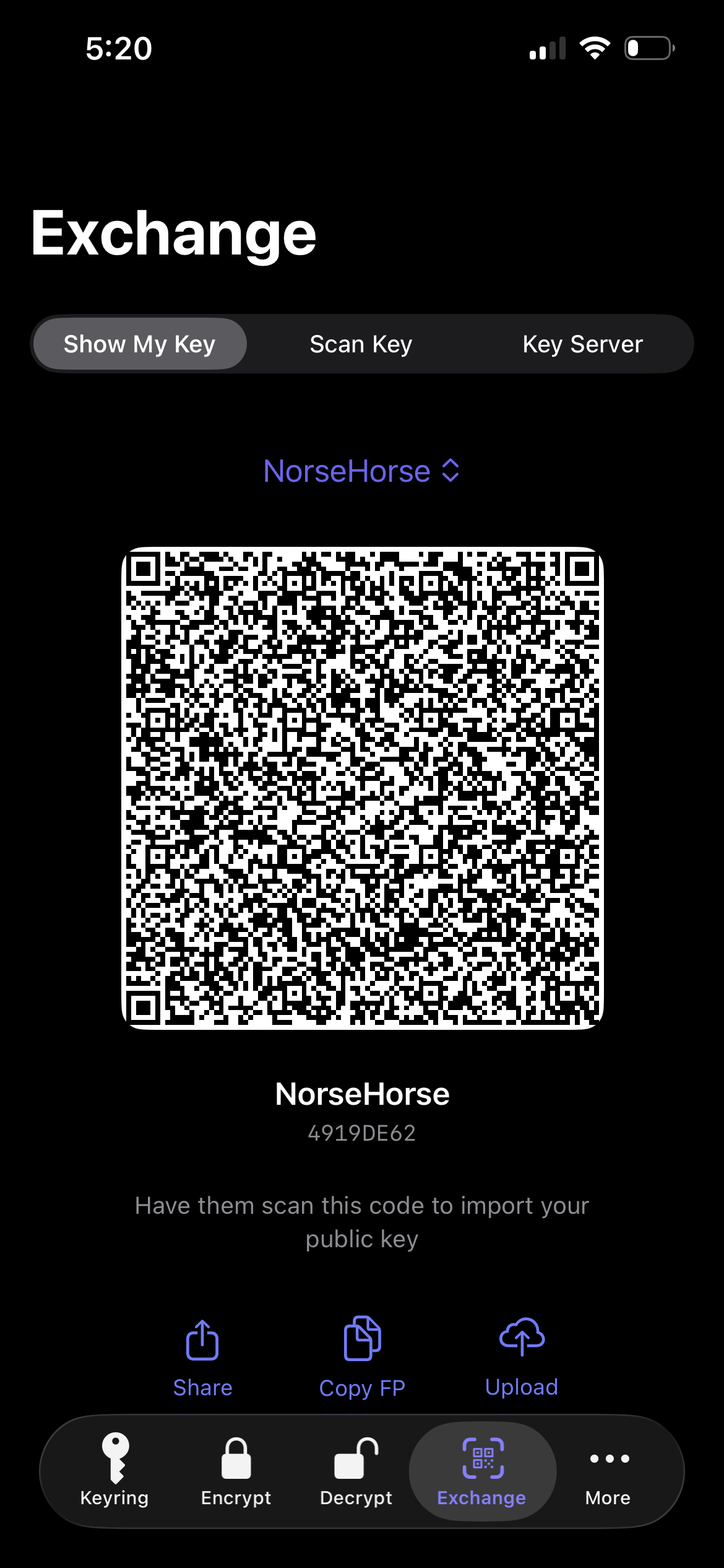 PGPony Exchange tab — QR codes and WKD lookup
